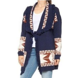[Cocogio]  Navy Aztec Print Fringe Wool Blend Cardigan